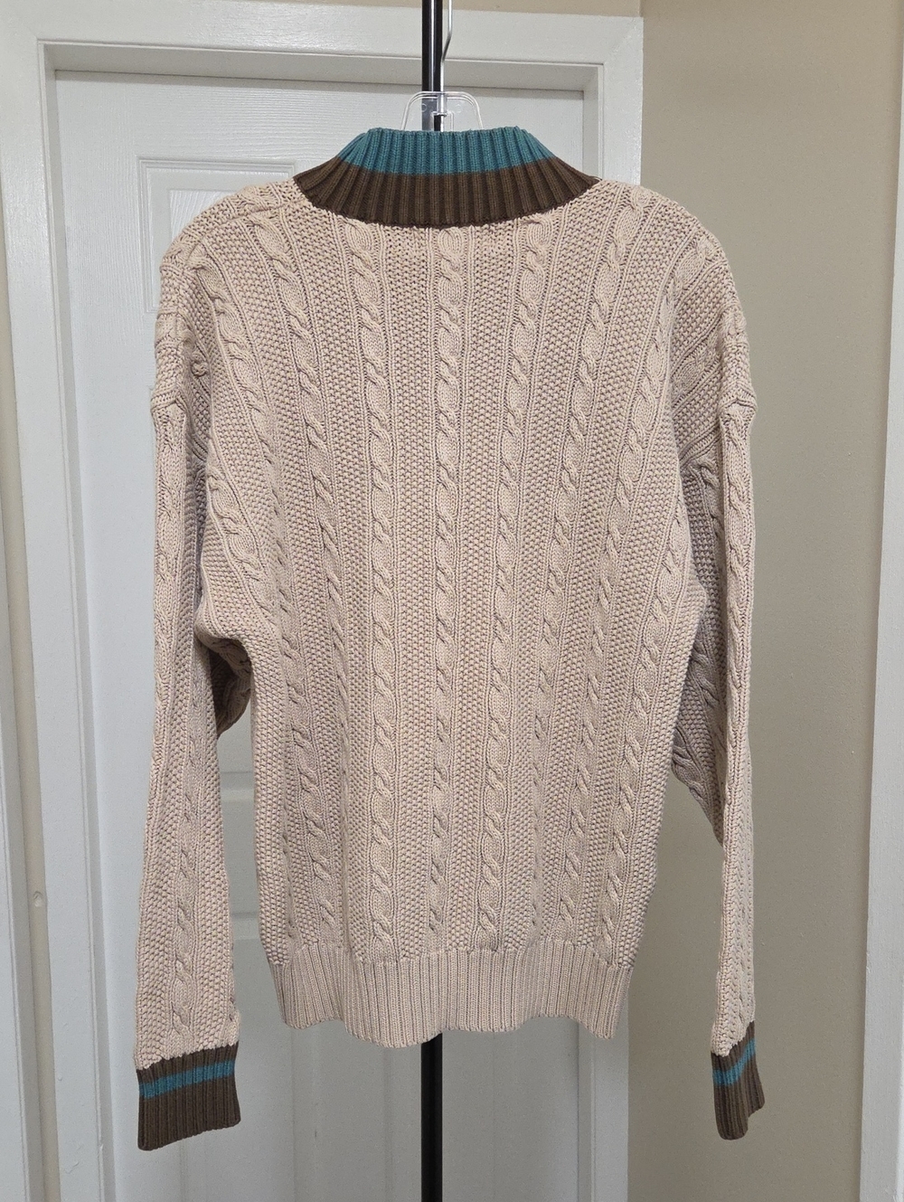 Vintage Eddie Bauer 100% Cotton Cable Knit Sweater Cream Crewneck Brown Teal - Picture 8 of 8